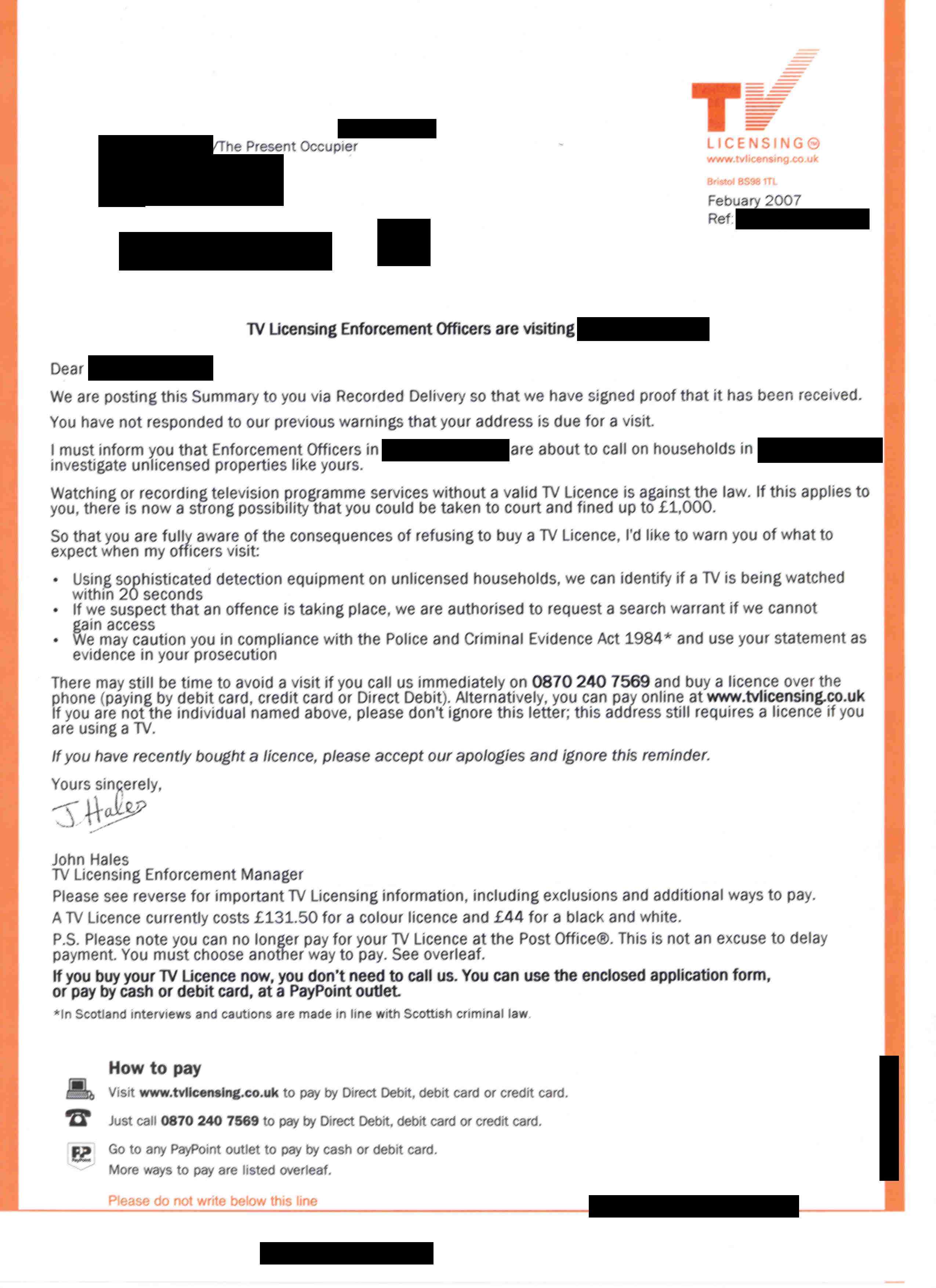 Letters from BBC Television Licensing/2007 letters